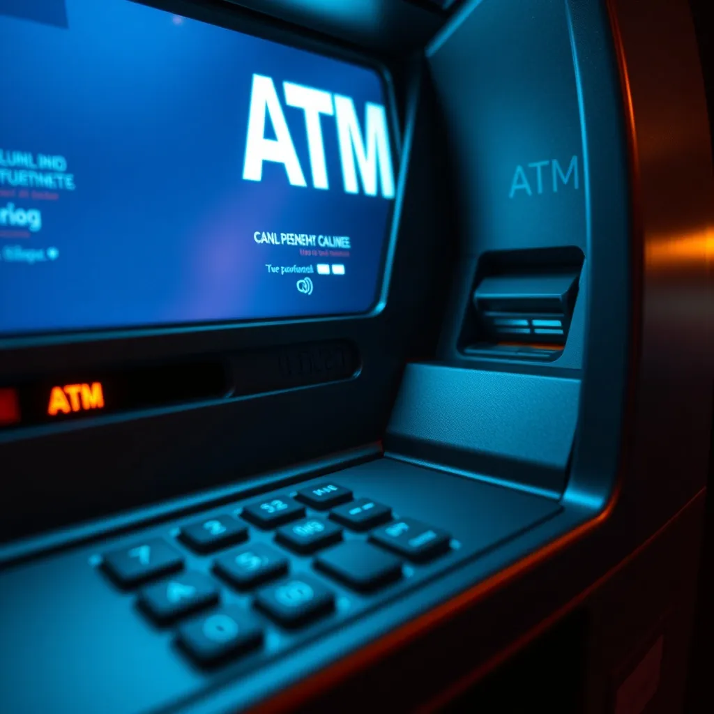 A close up shot of a modern ATM machine keypad and card slot