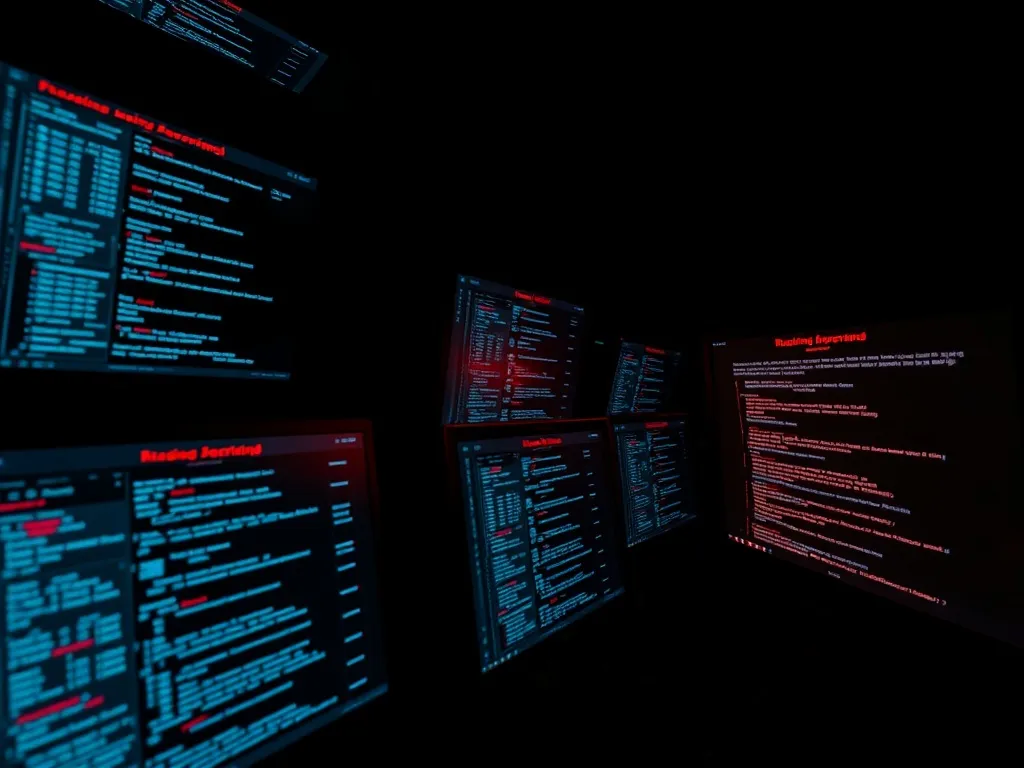 A dark room with multiple computer monitors showing lines of