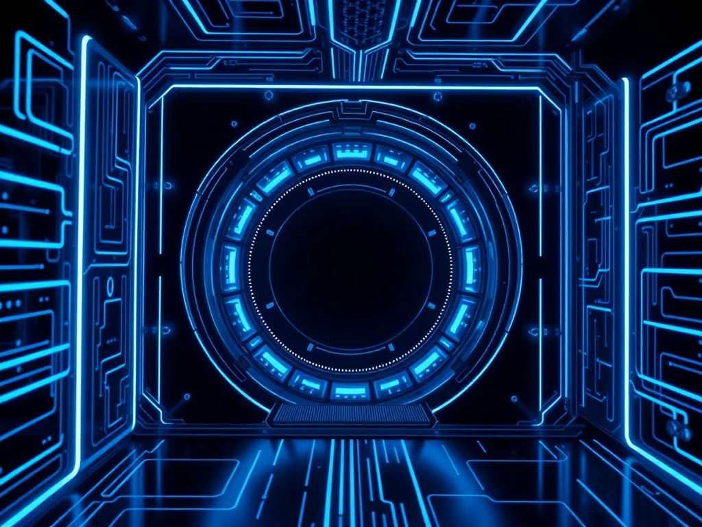 A high-tech digital vault with glowing blue circuit lines on