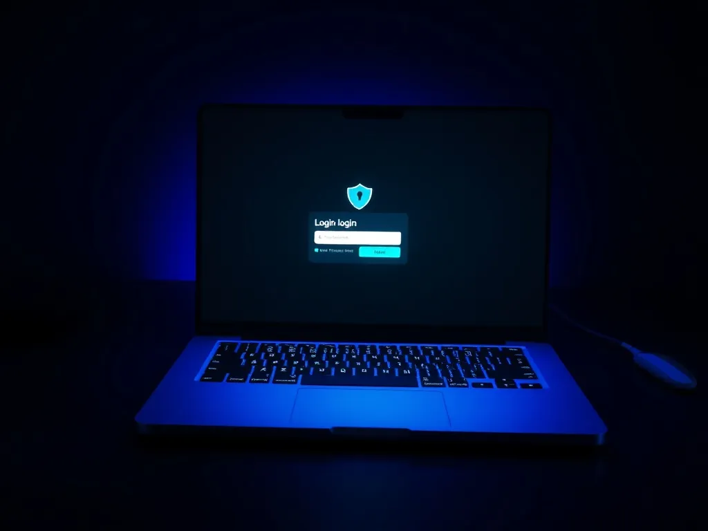 A modern laptop on a dark desk with blue ambient light showi
